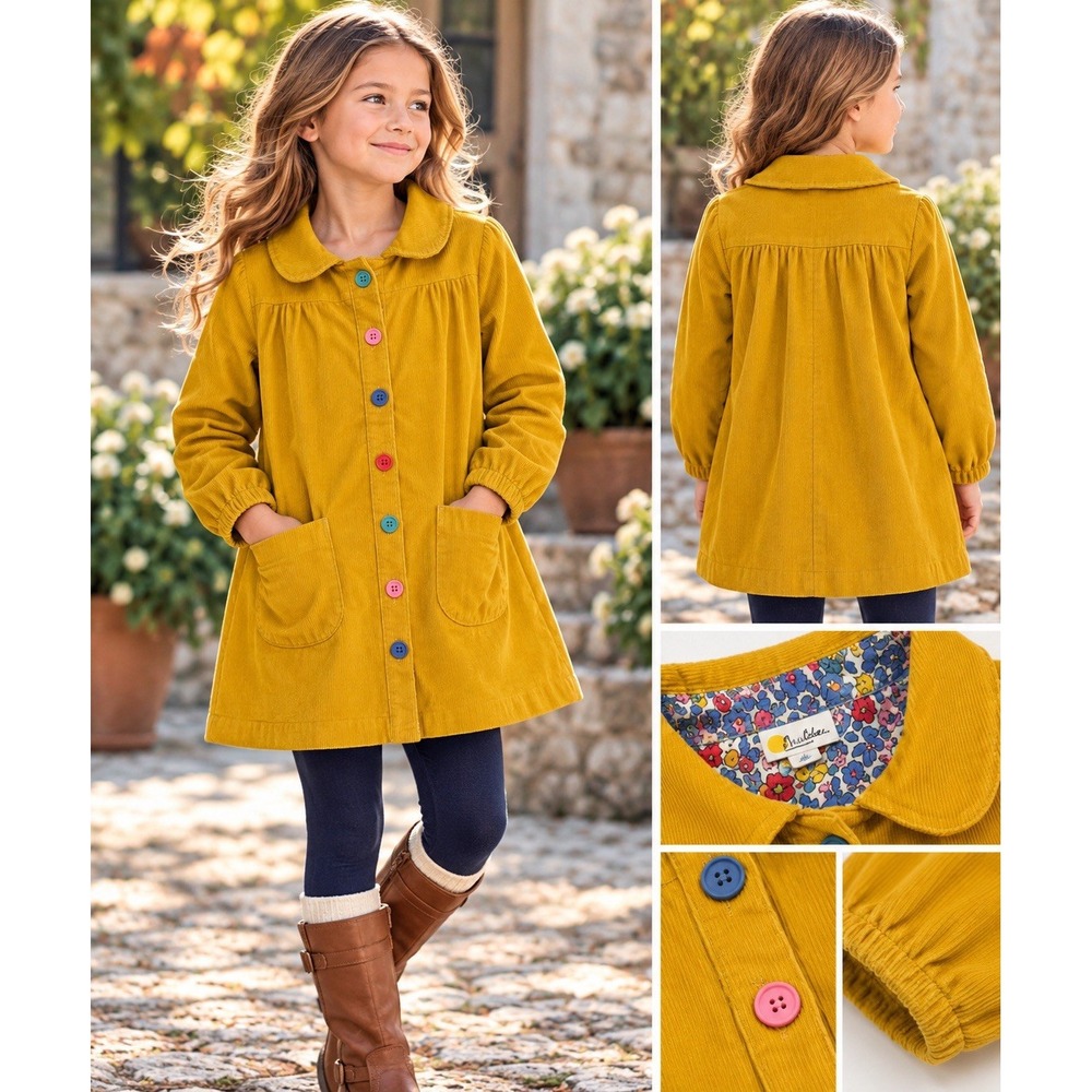 Mini Boden Girls 8-9Y Mustard Corduroy Coat Floral Lined Colorful Buttons